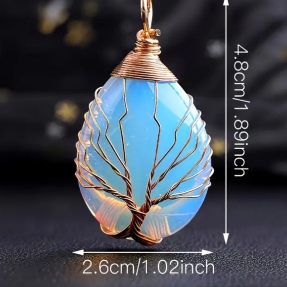 Elegant Blue Teardrop Pendant Necklace Tree Of Life Wire Wrapped - Picture 4 of 4